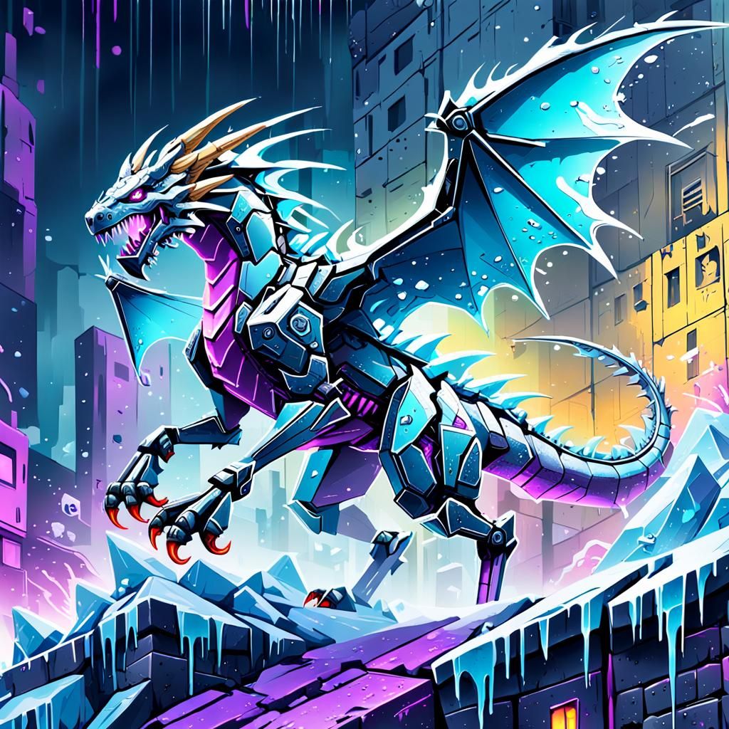Mechanical Ice Wyvern Graffiti in Cyberpunk Style