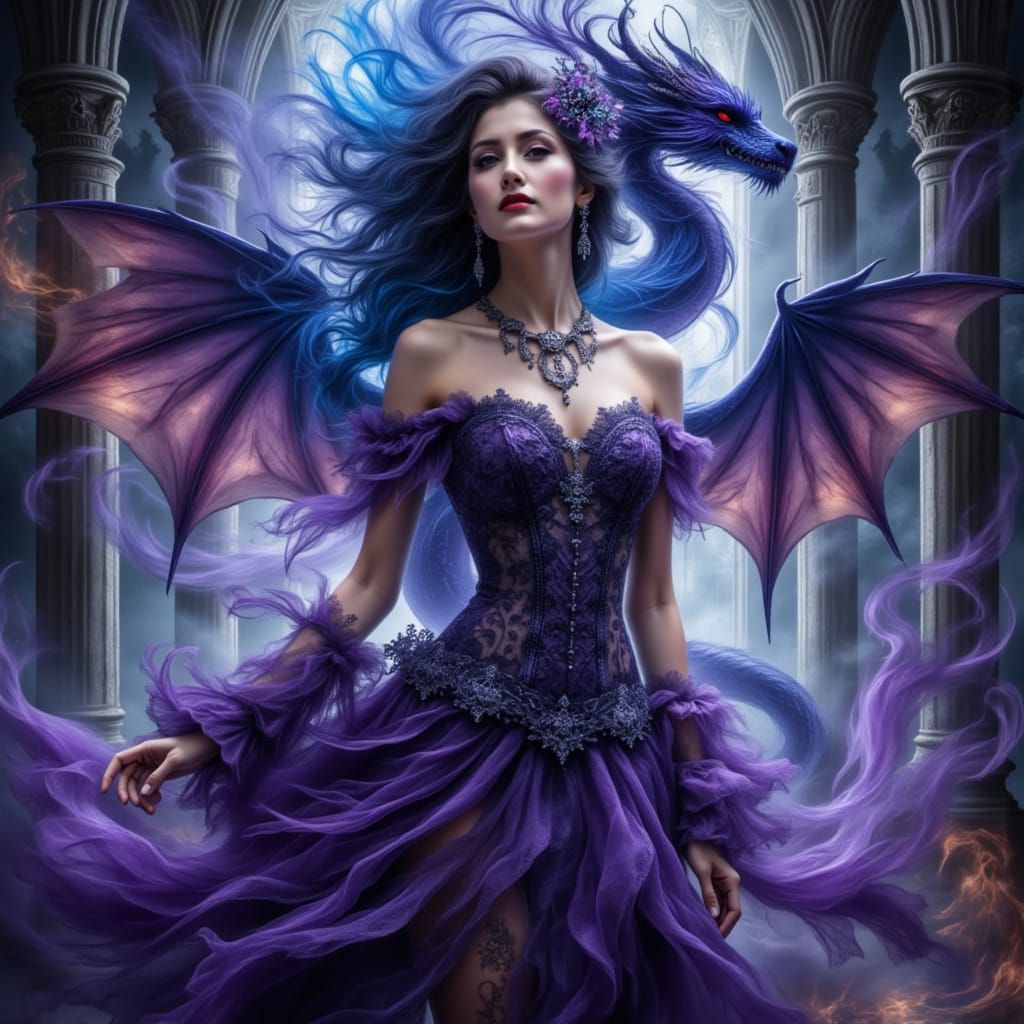 Woman in Lace Dress with Fiery Magic