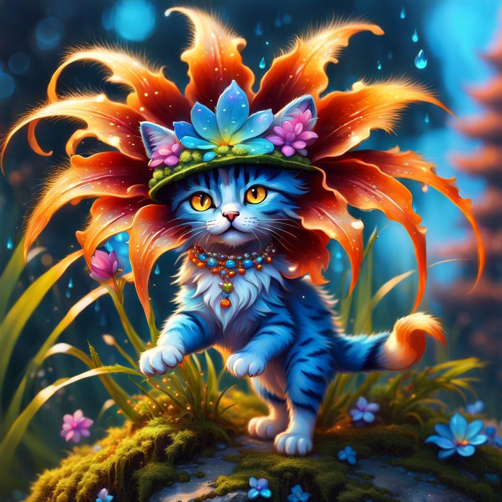 Fuzzy Flower Kitten in Detailed Matte Painting Style