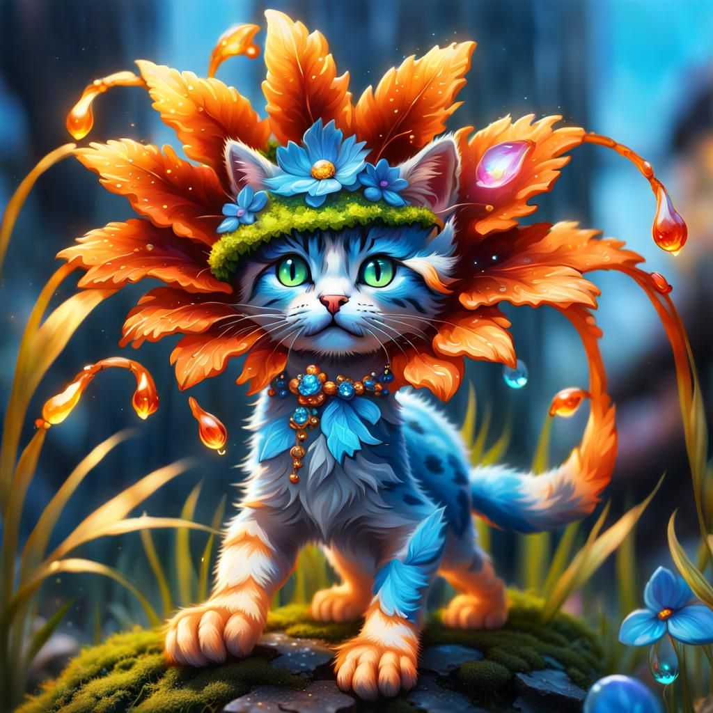 Floral Kitten with Beaded Jewelry in Graffiti Art Style