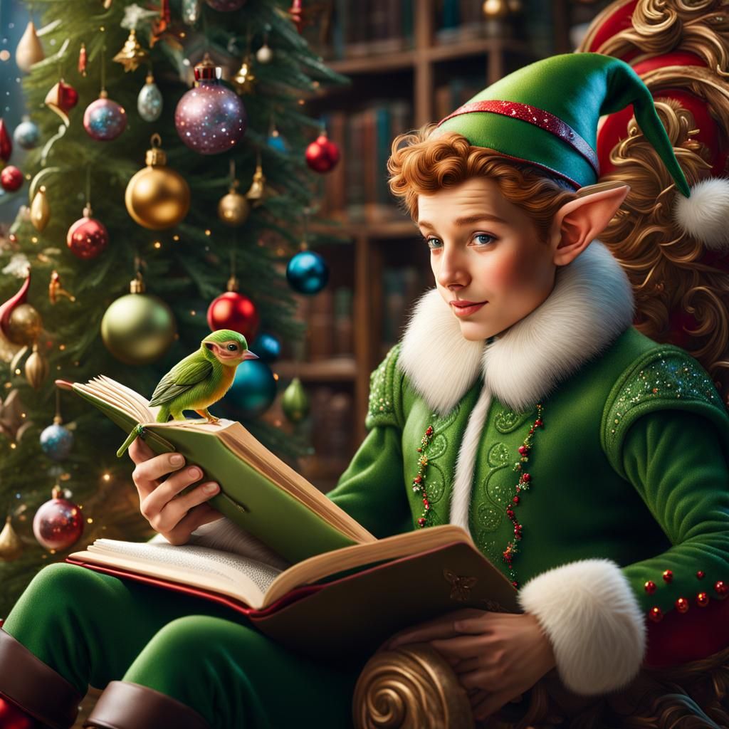 Enchanted Elf Reading: A Christmas Library Scene