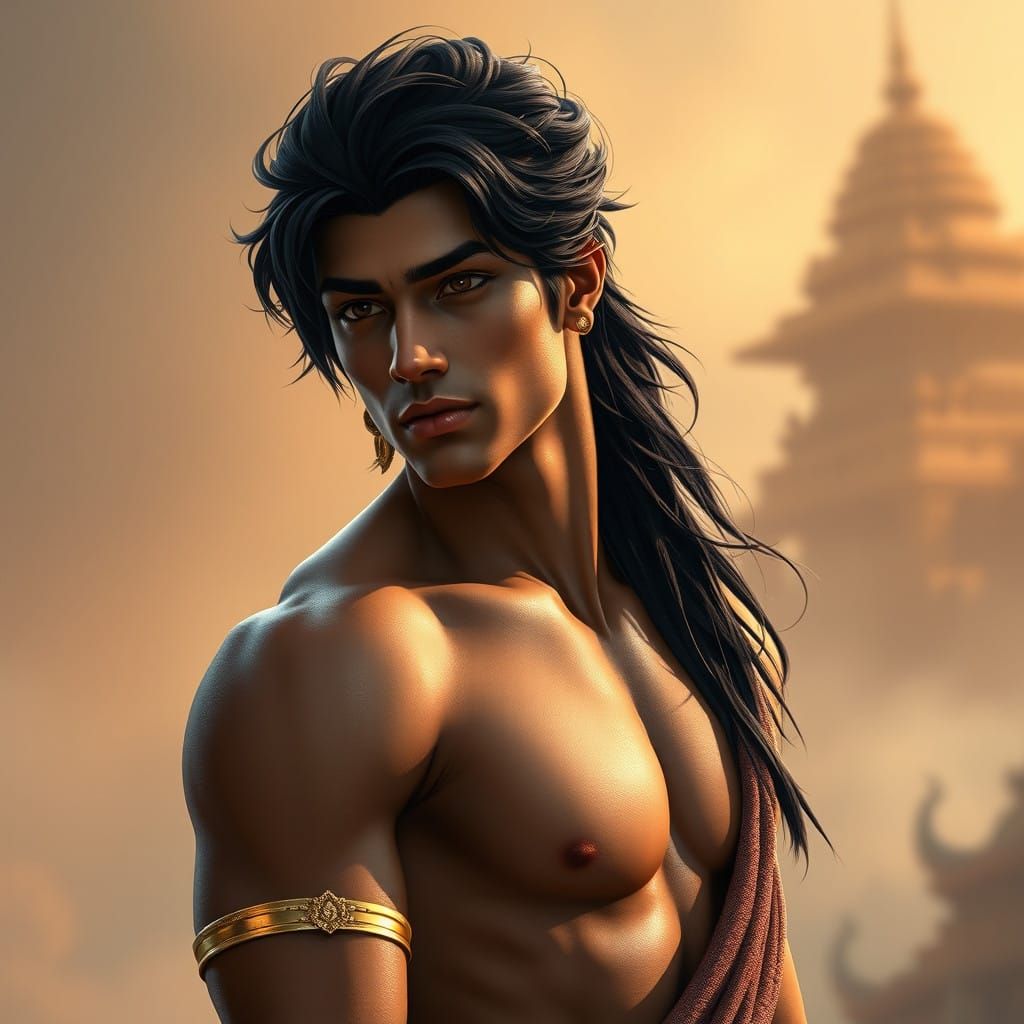 Tall, Handsome Prince with Strong Features and Golden Armlet...