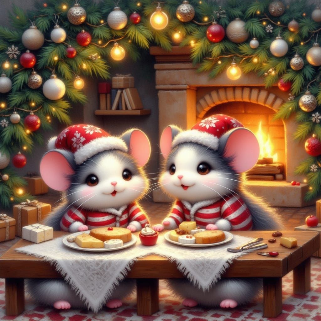 Mice in Pajamas Enjoy Christmas Feast Under Tree