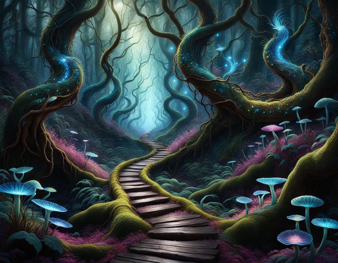 Enchanted Forest Path with Bioluminescent Creatures