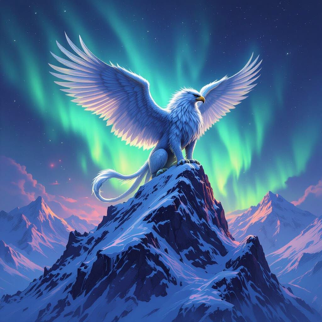 Majestic Griffin on Snowy Peak Under Aurora Borealis