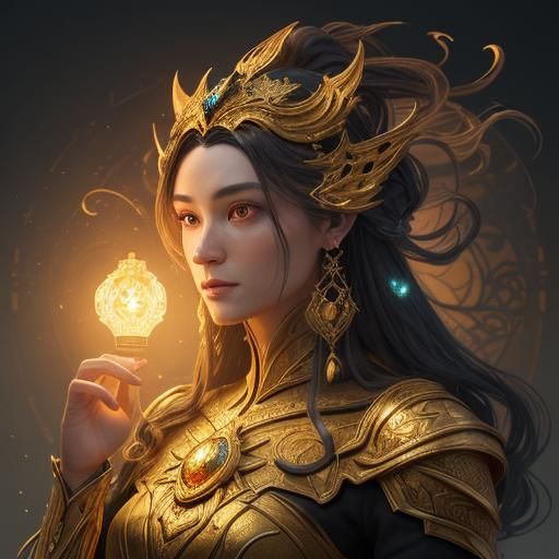 Ethereal Portrait with Glowing Lamps in Art Nouveau Style