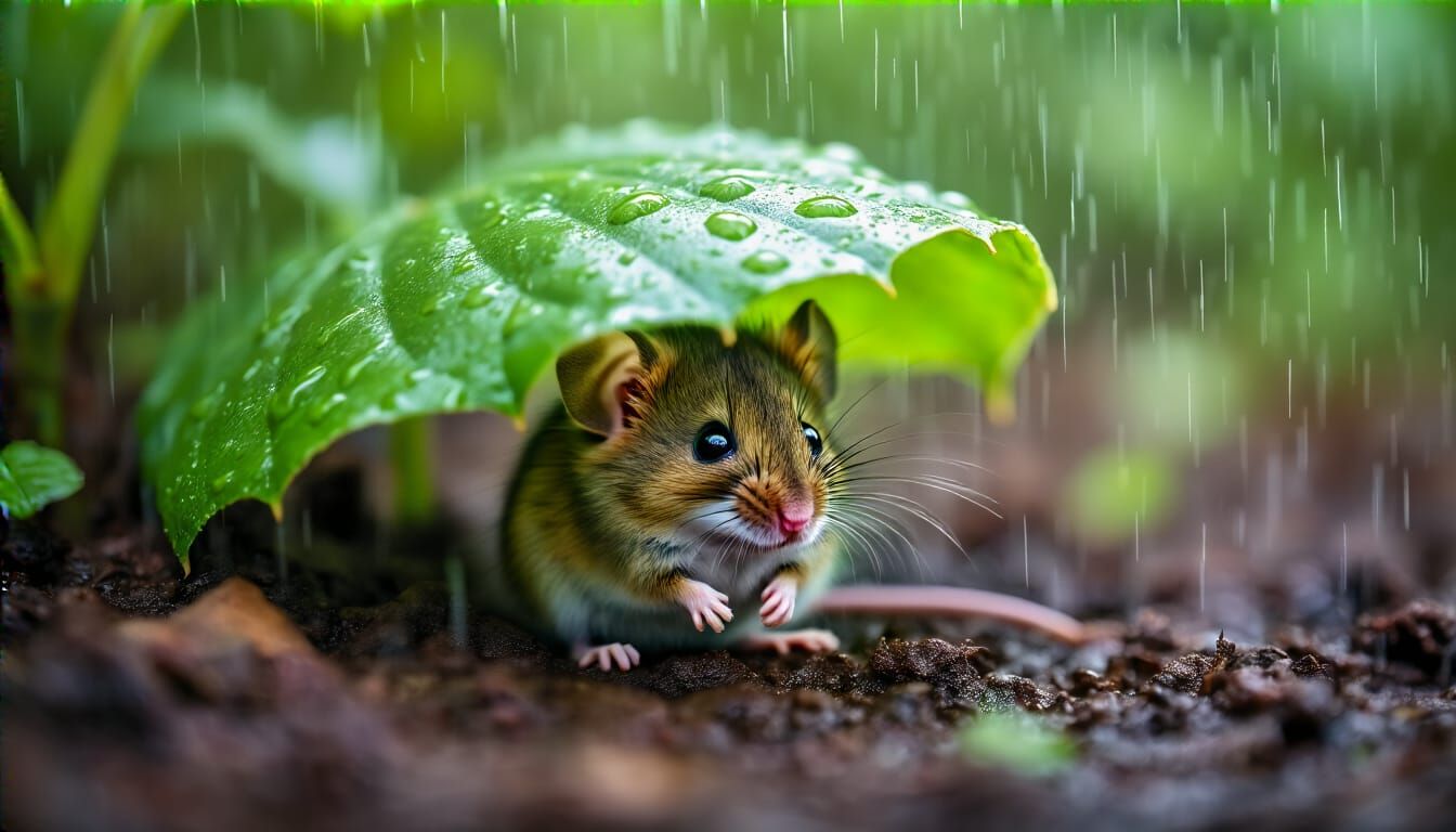 Mouse Sheltering From Rain Under Leaf