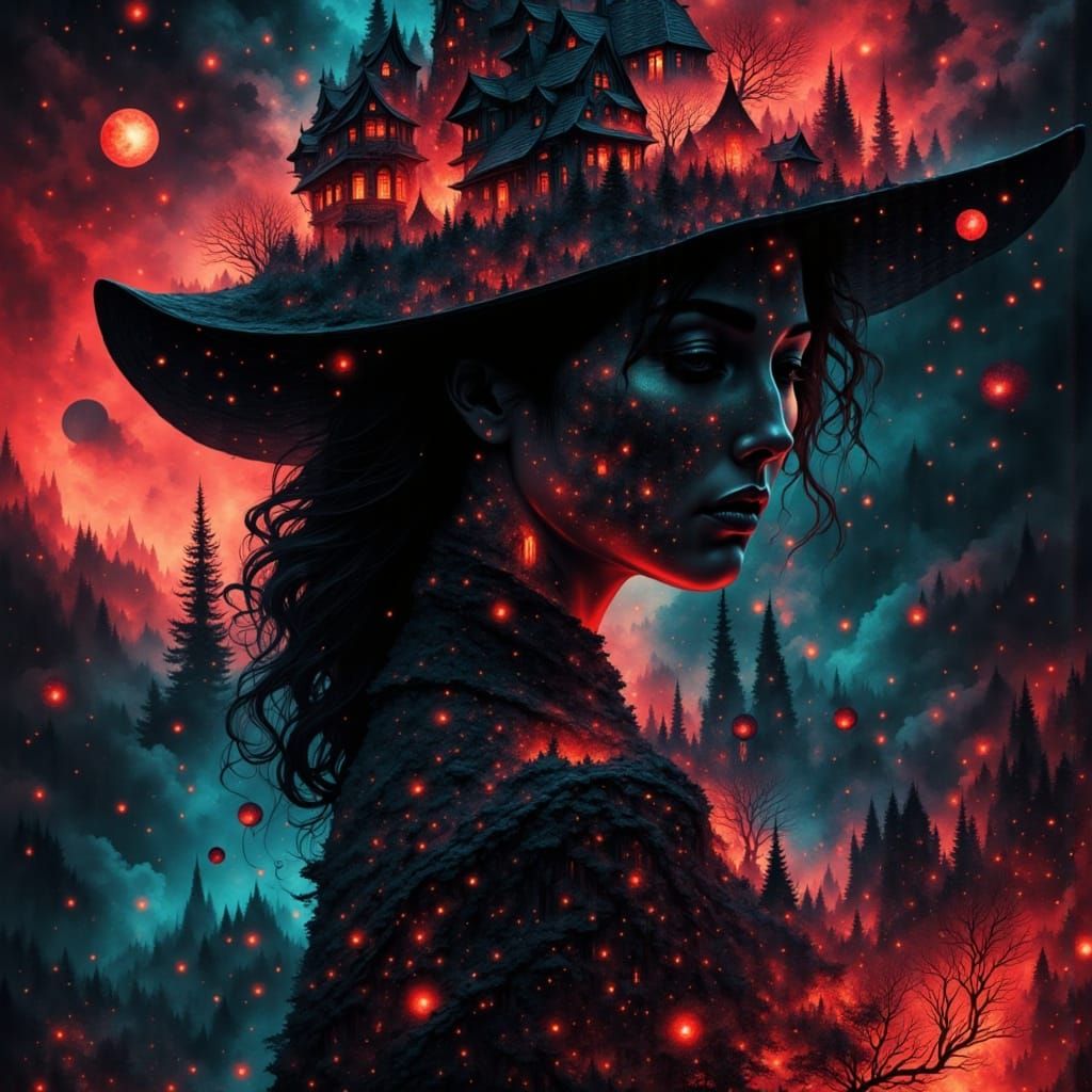 Mystical Witch Portrait in Abstract Reality Style