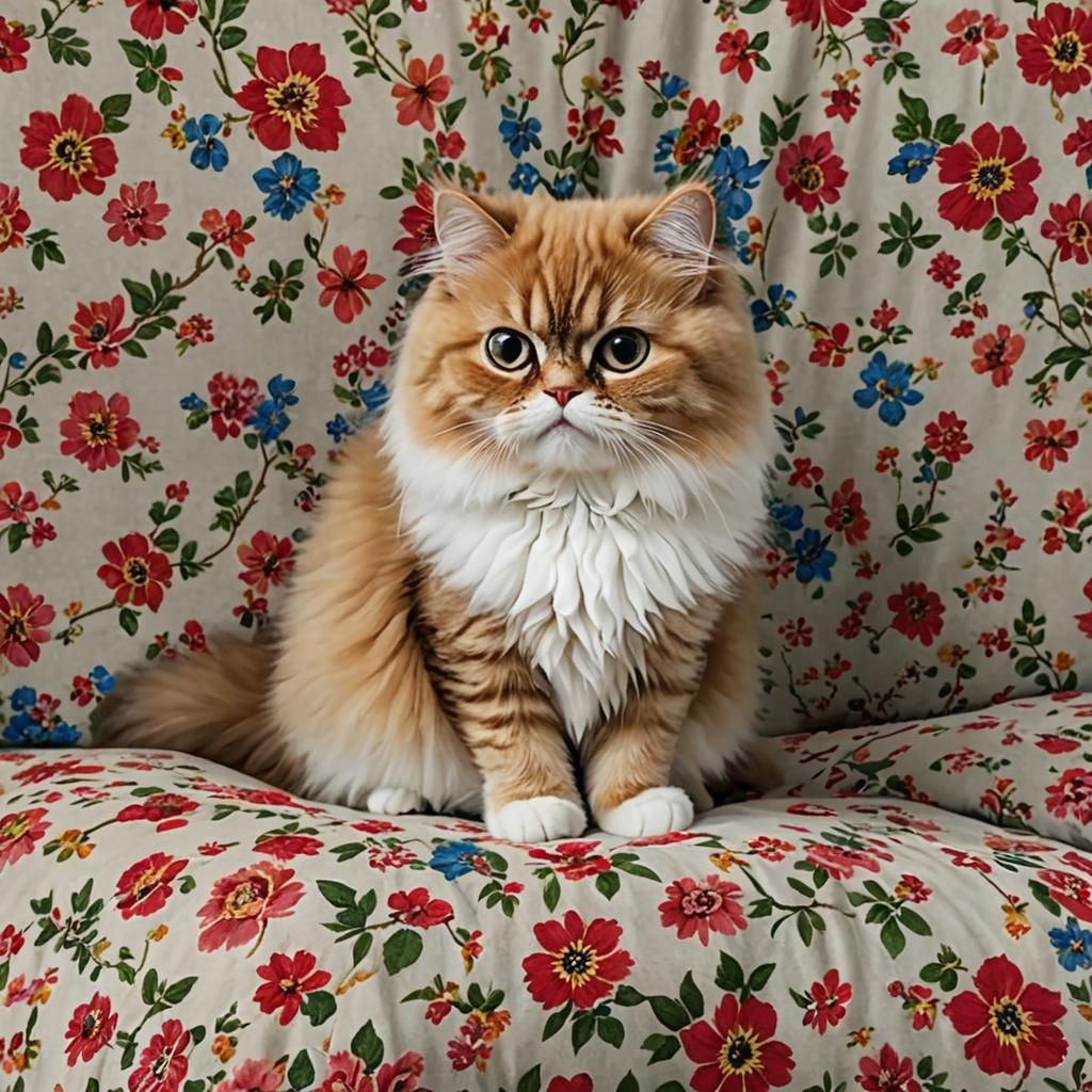 Beautiful Persian Cat with Flowers and Butterflies