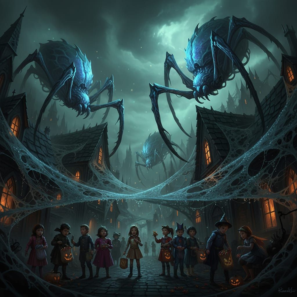 Giant Glowing Spiders on Rooftops Above Unsuspecting Childre...