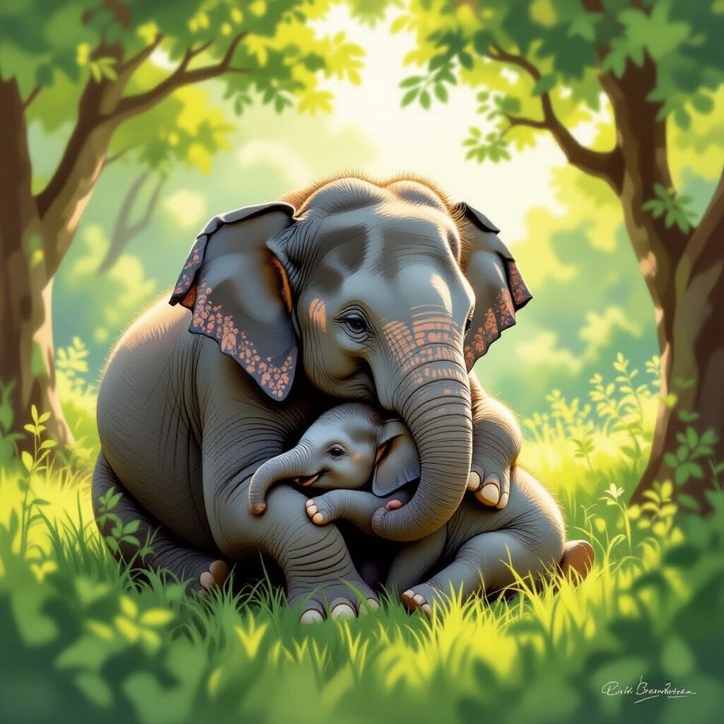 Mama Elephant Cradles Baby in Tender Wildlife Art