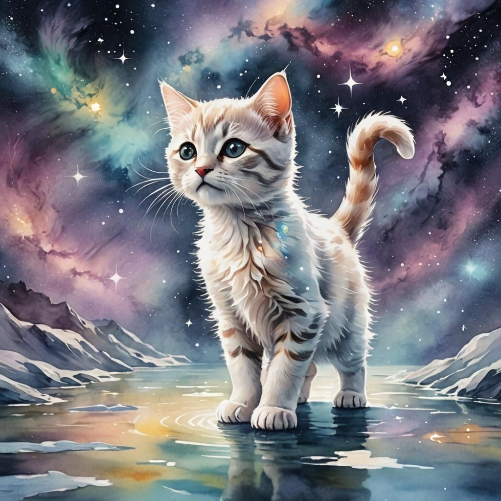 Whimsical Kitten's Cosmic Walk: Watercolor Art