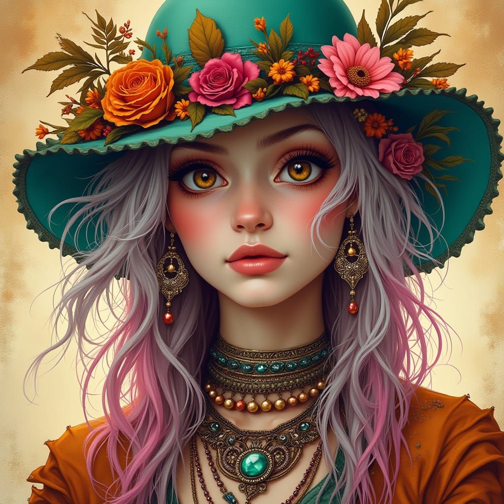 Woman with Silver Hair and Floral Hat in Street Art Style