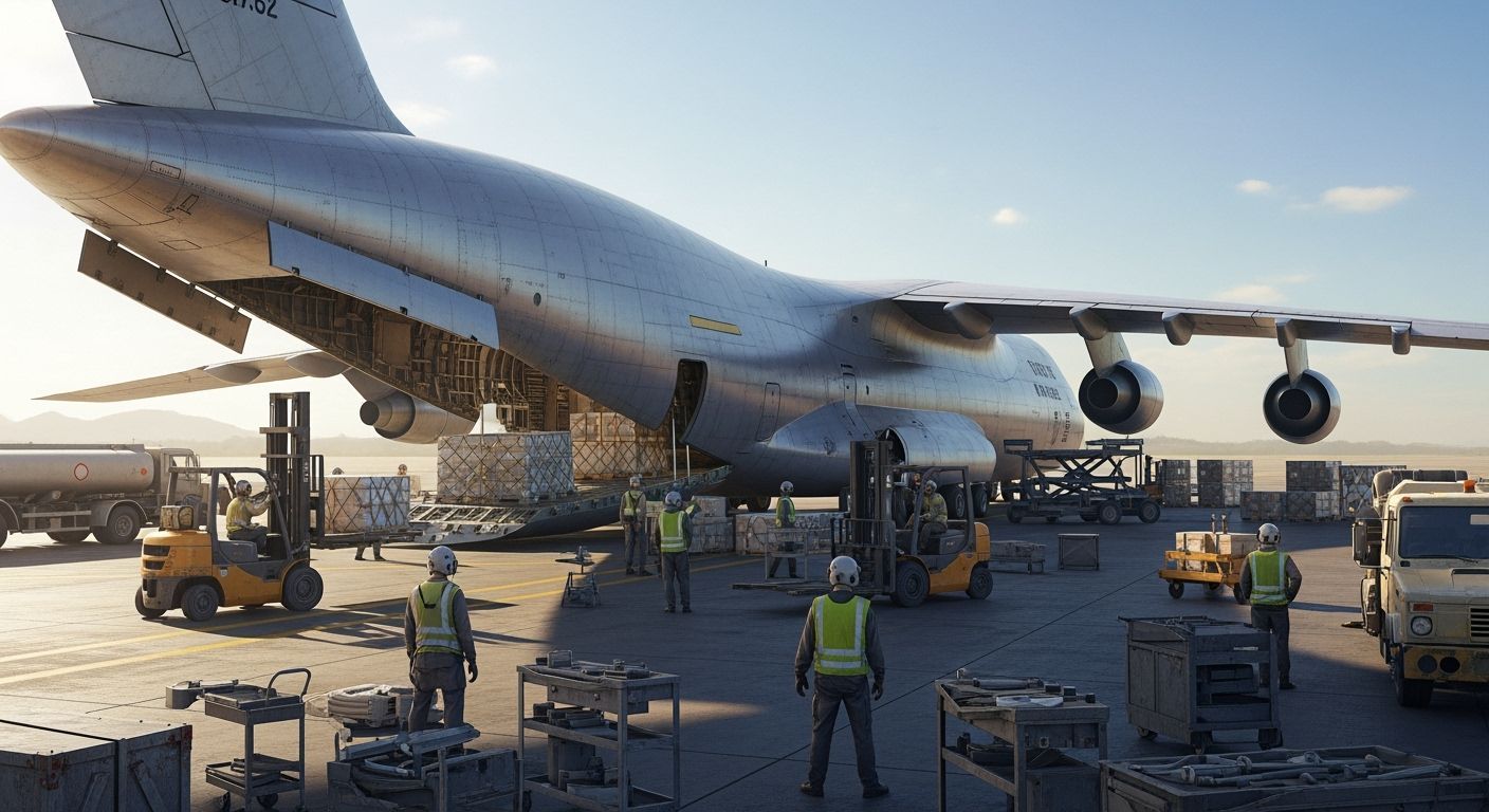 Futuristic Military Cargo Aircraft Offloading on Airbase