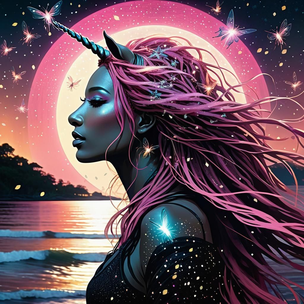 Whimsical Unicorn Girl with Fireflies, Astral Art