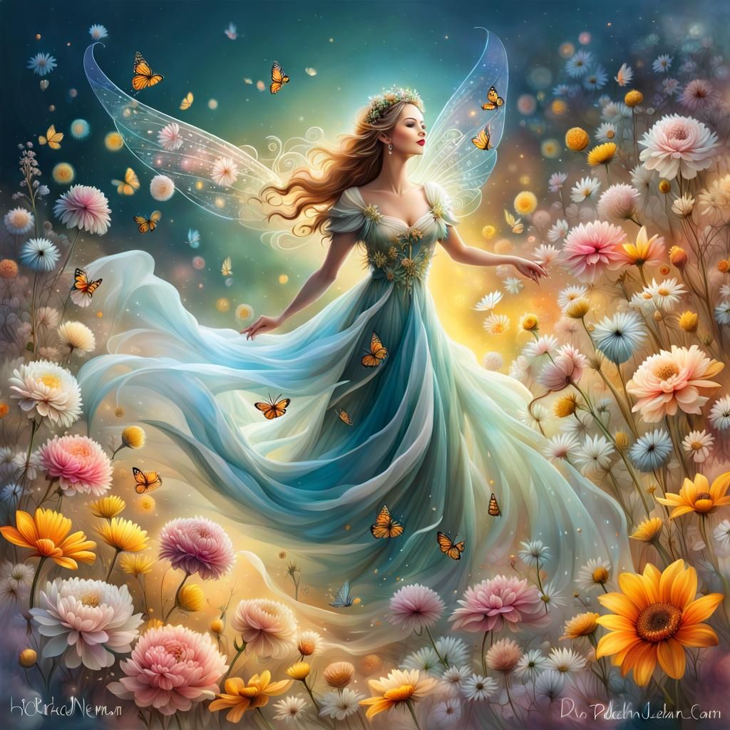 Whimsical Fairy in Spring Flower Garden