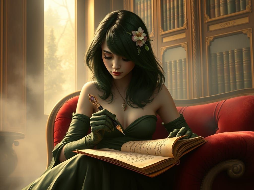 Elegant Lady in Whimsical Library Setting