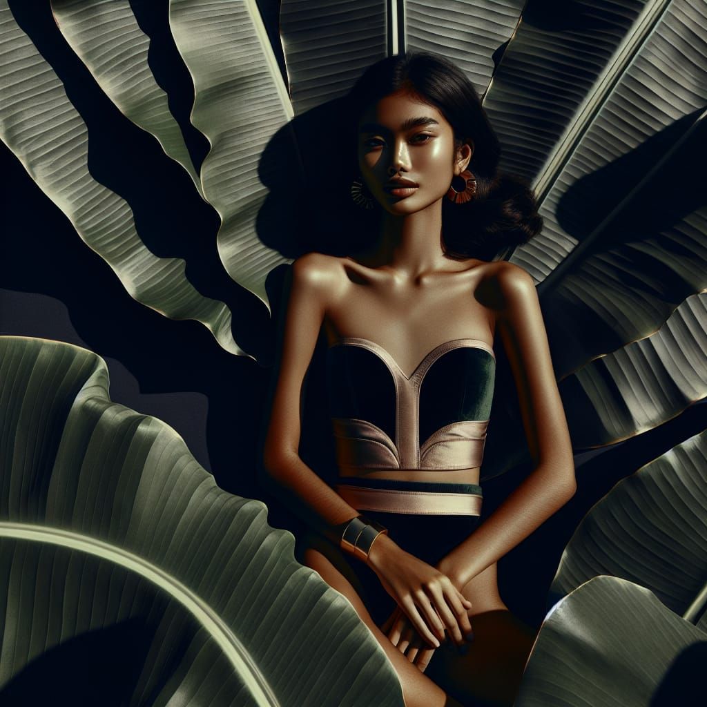 Attractive South Asian Woman Lounging on Banana Leaves