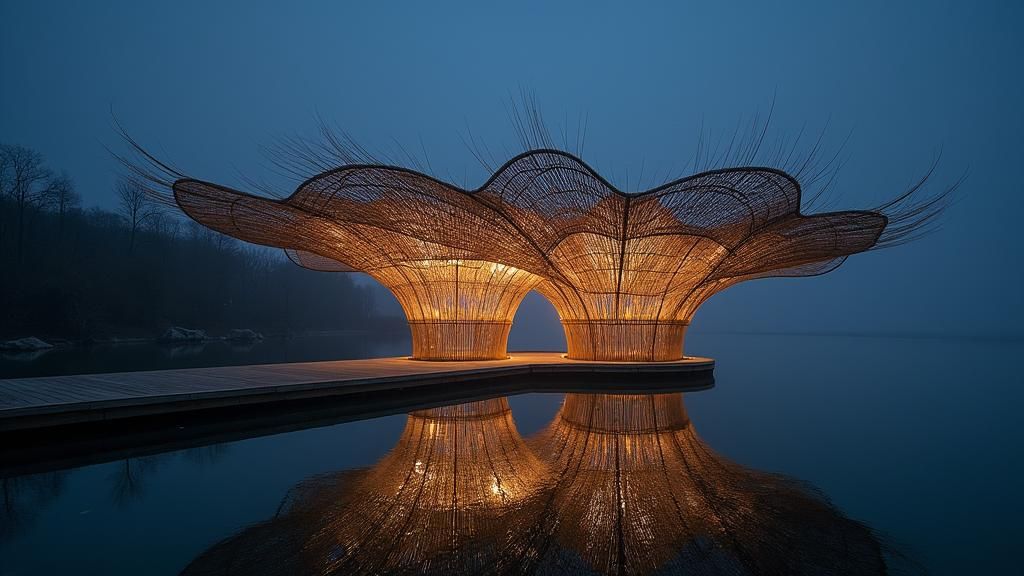 Ethereal Bamboo Pavilion Reflecting on Water at Night