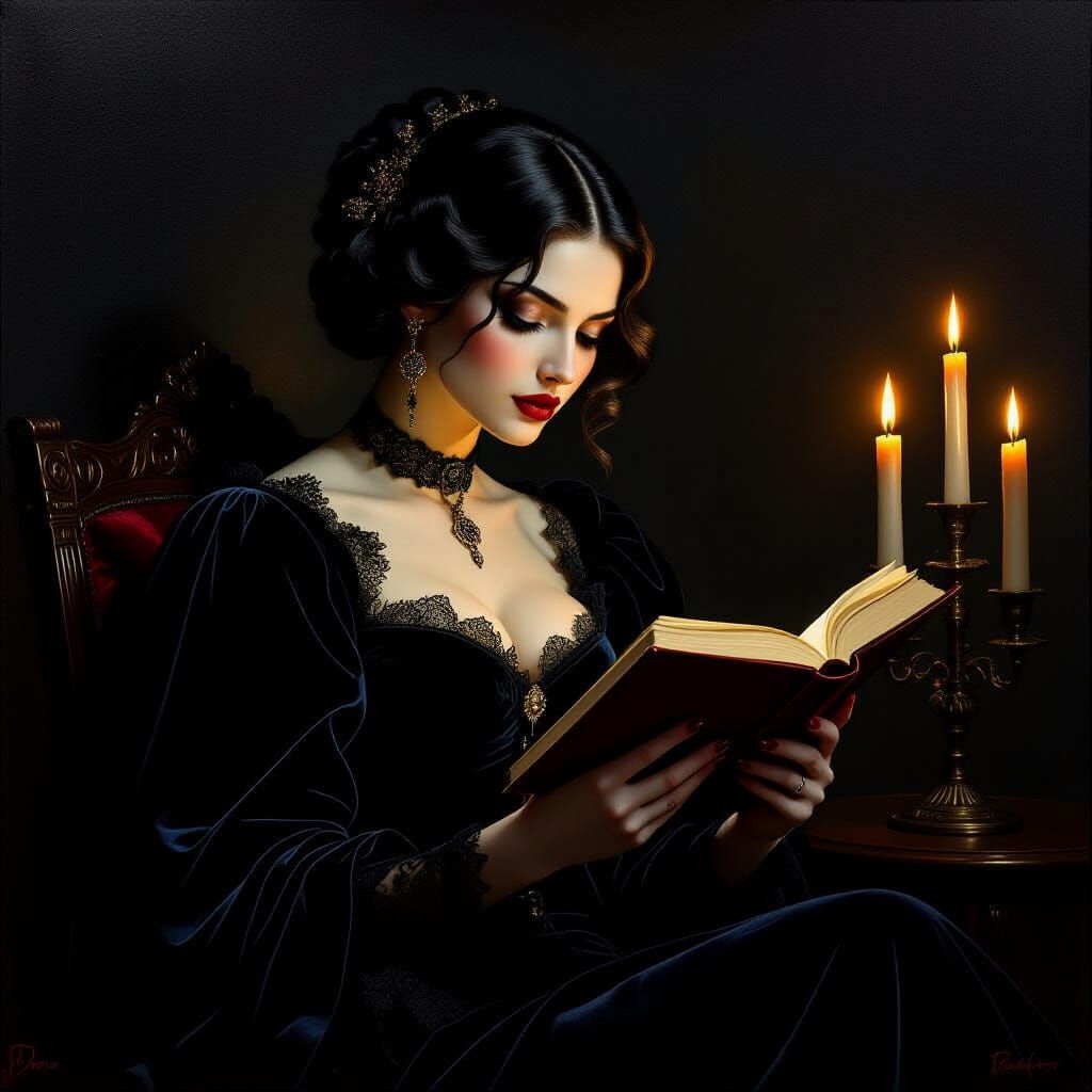 Goth Woman Reading by Candlelight in Michelangelo Style