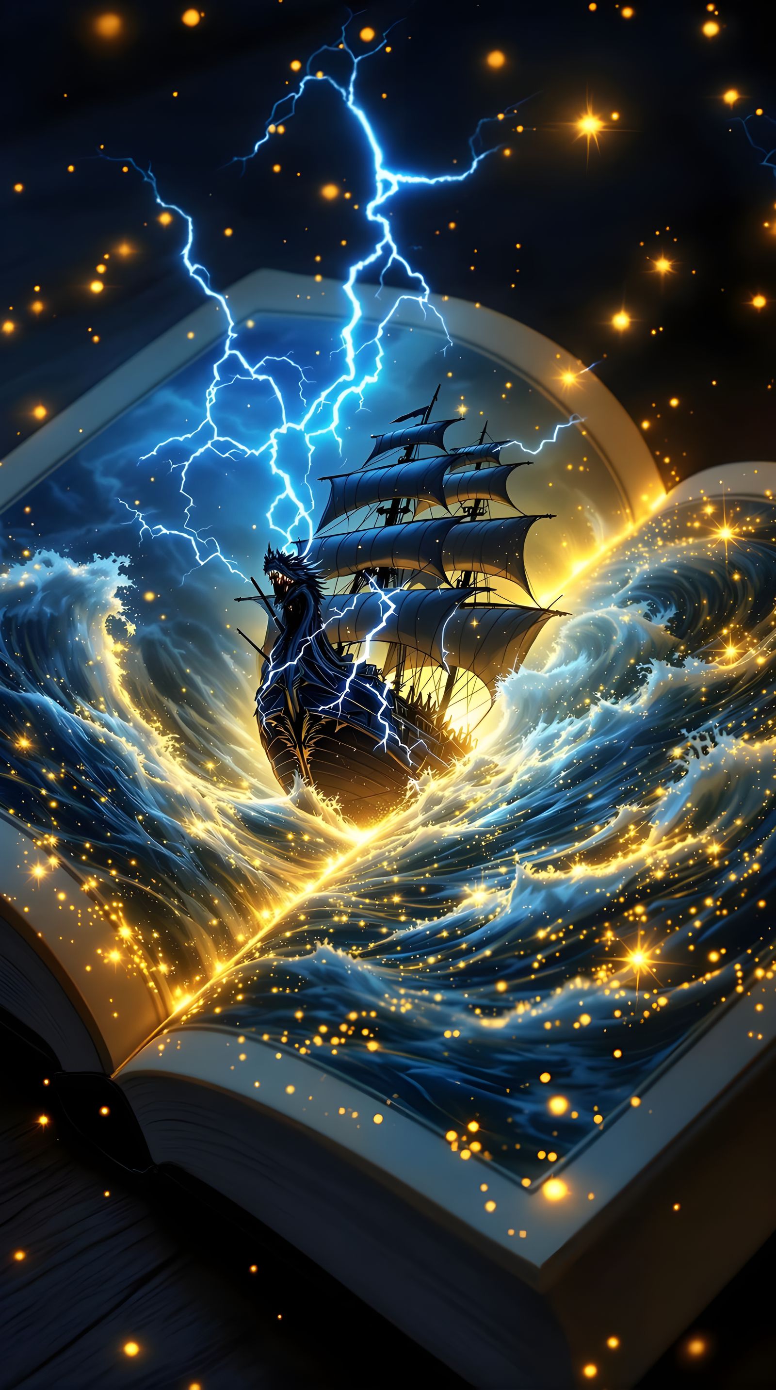 Sailing Ship Emerges from Open Book in Stormy Seascape