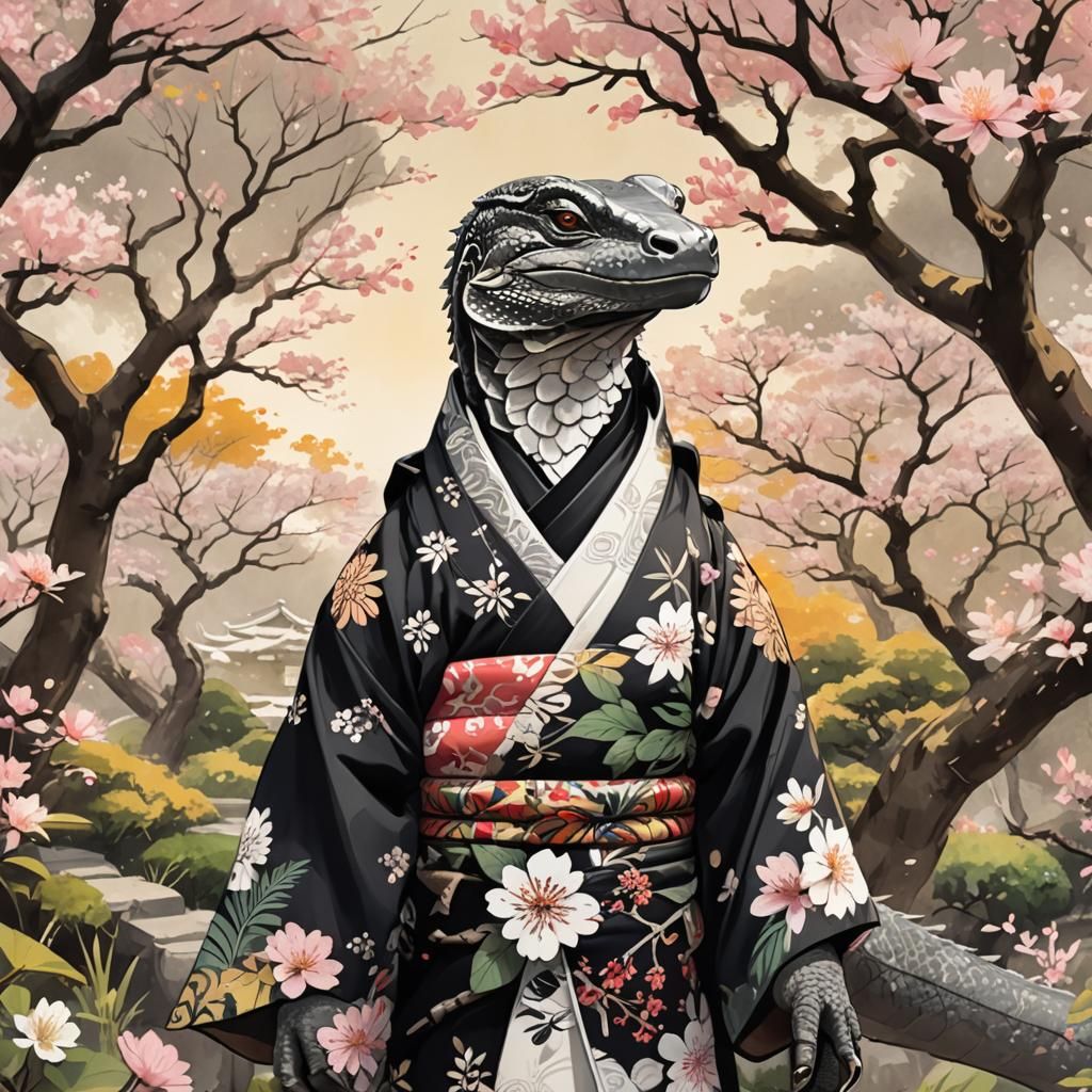 Komodo Dragon in Kimono: Anime Watercolor Art