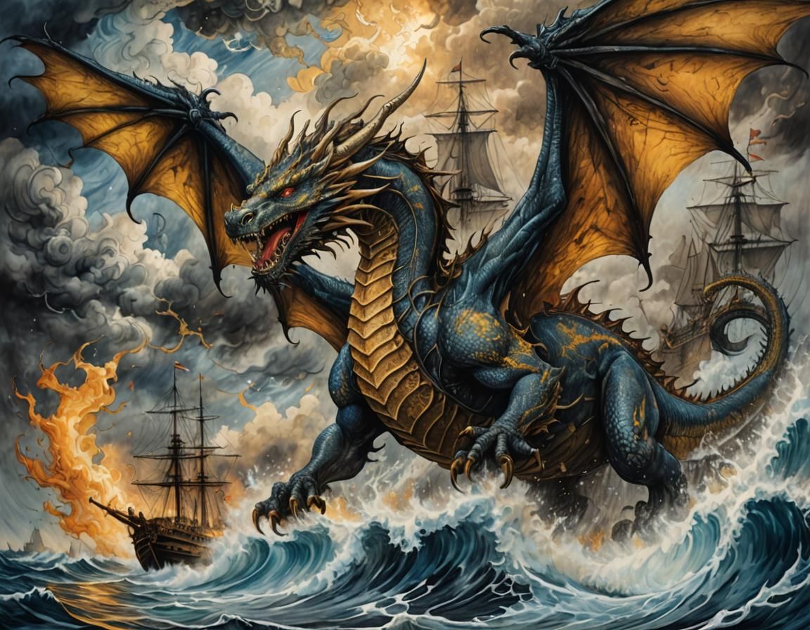 Majestic Dragon Emerges from Stormy Sea