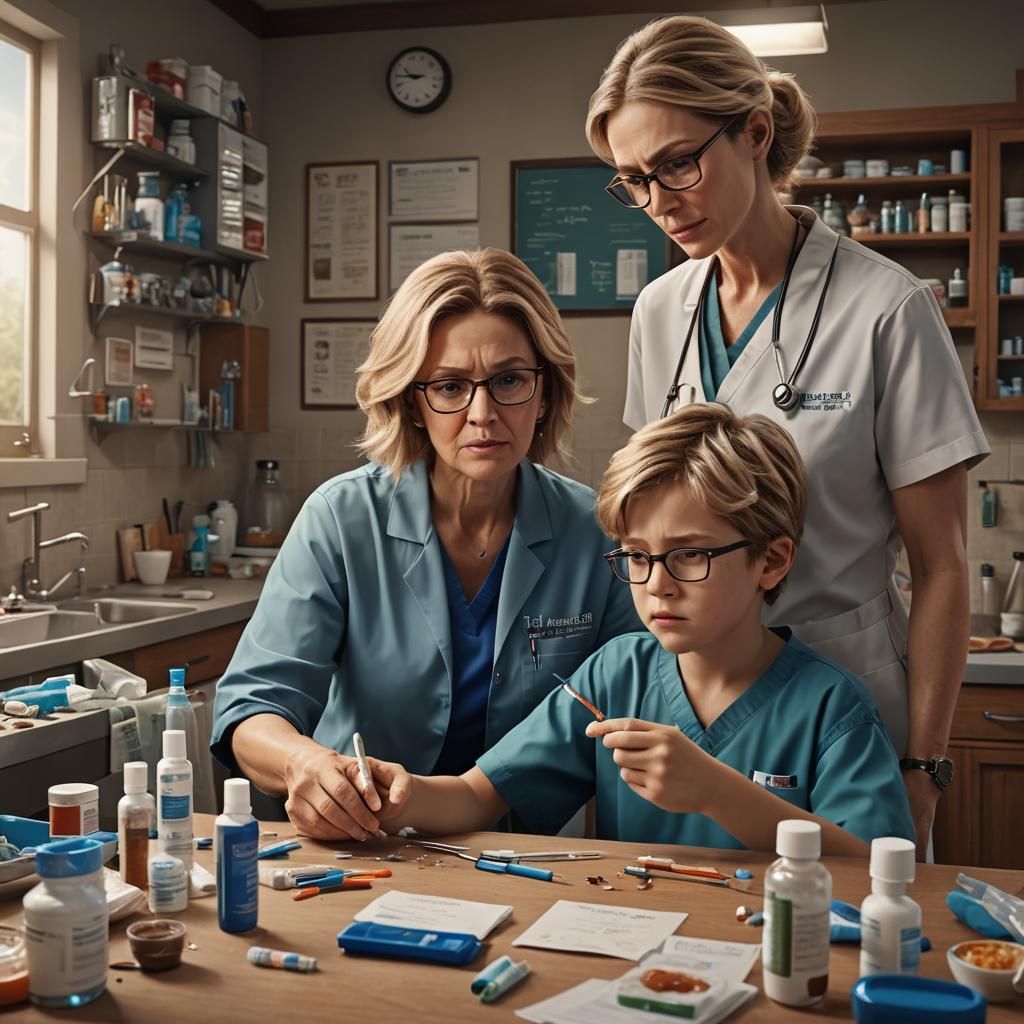 Mother Helping Son With Insulin Injection: Detailed Matte Pa...