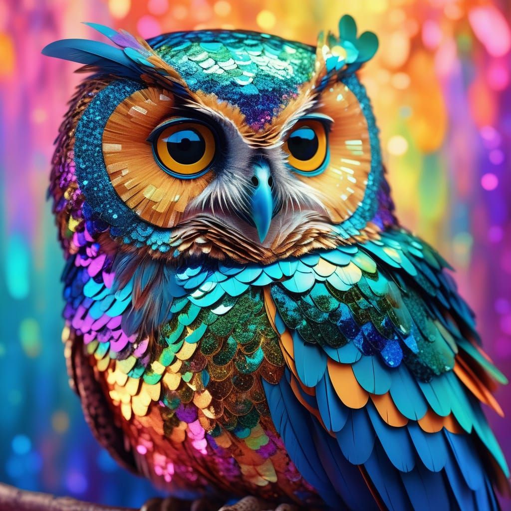 Glowing Sequined Owl in Vibrant Digital Art