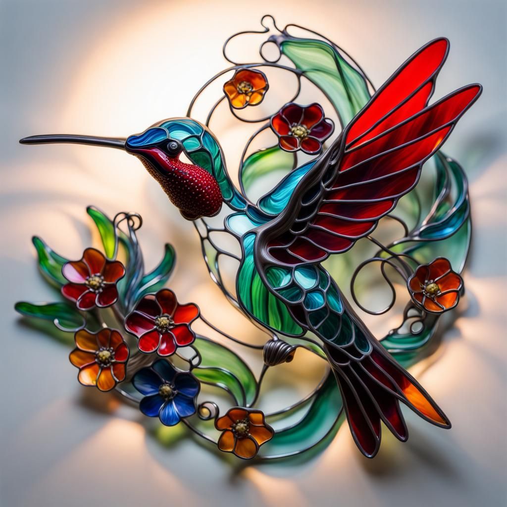 Blown Glass Hummingbird Sculpture in Stained Glass