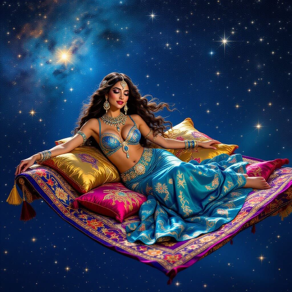 Belly Dancer on Magic Carpet Under Starry Night Sky