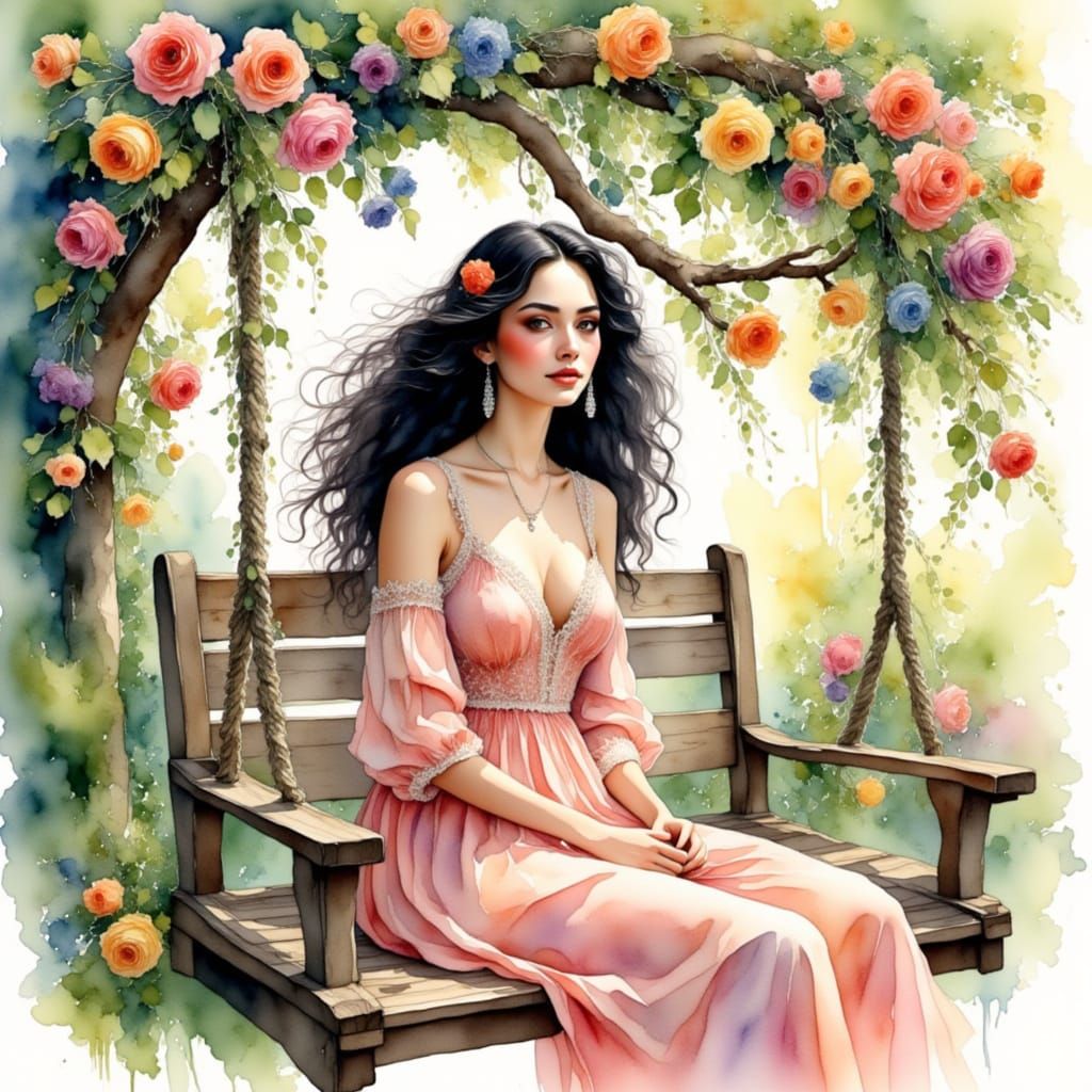 Ethereal Watercolour Portrait of a Woman in a Spring Garden