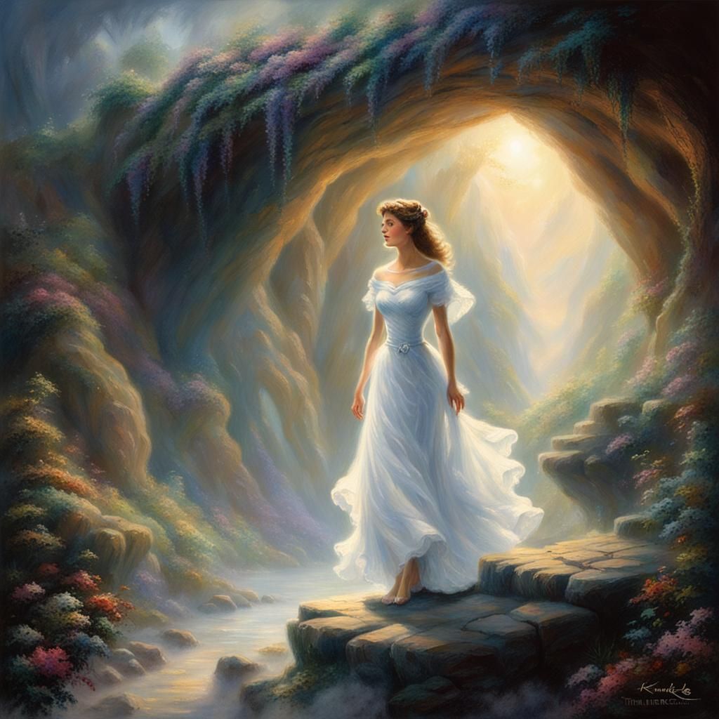 Ethereal Lady in Cave with White Dress