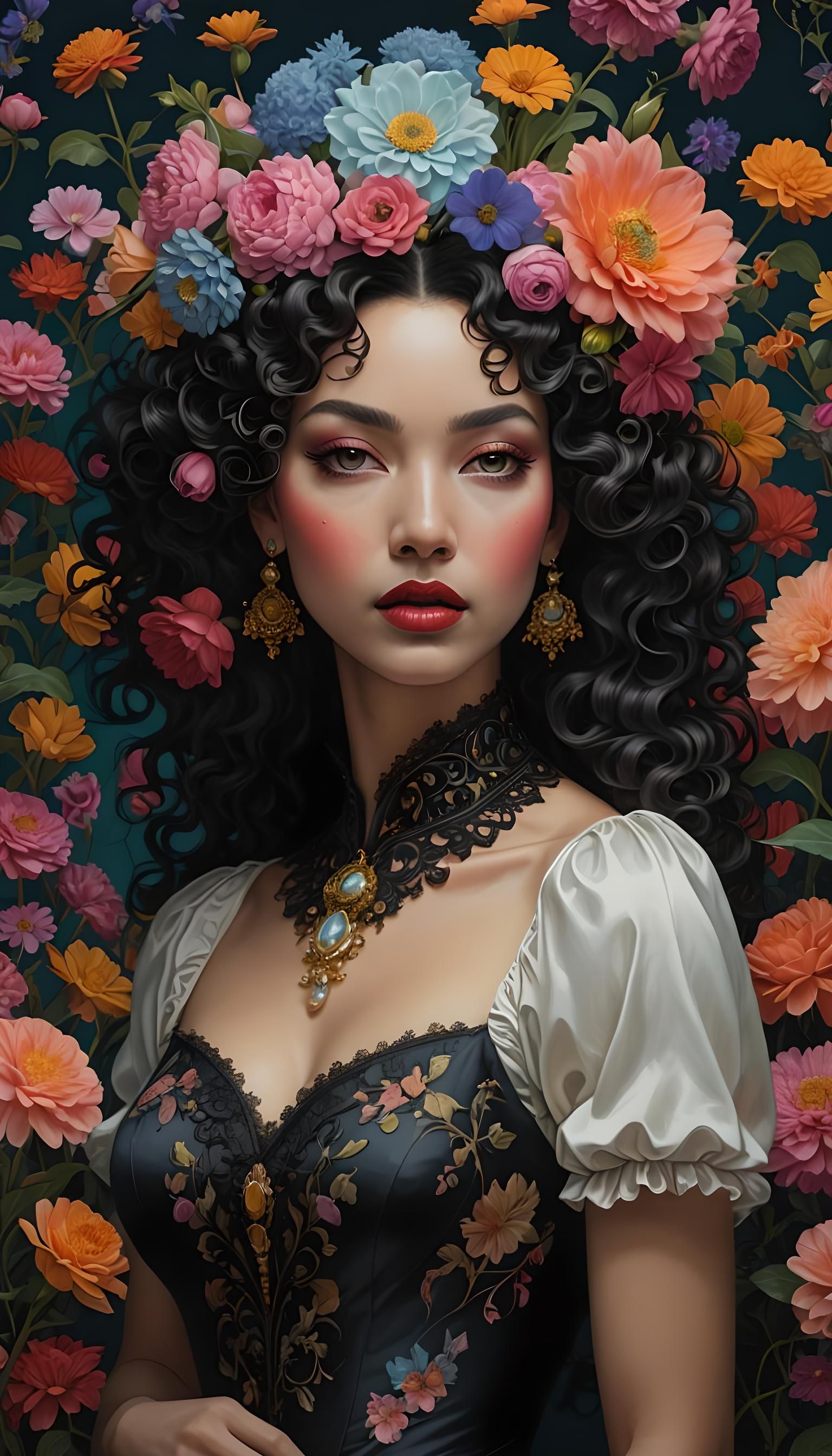 Portrait Of wavy haired exotic queen surrounded by flowers i...