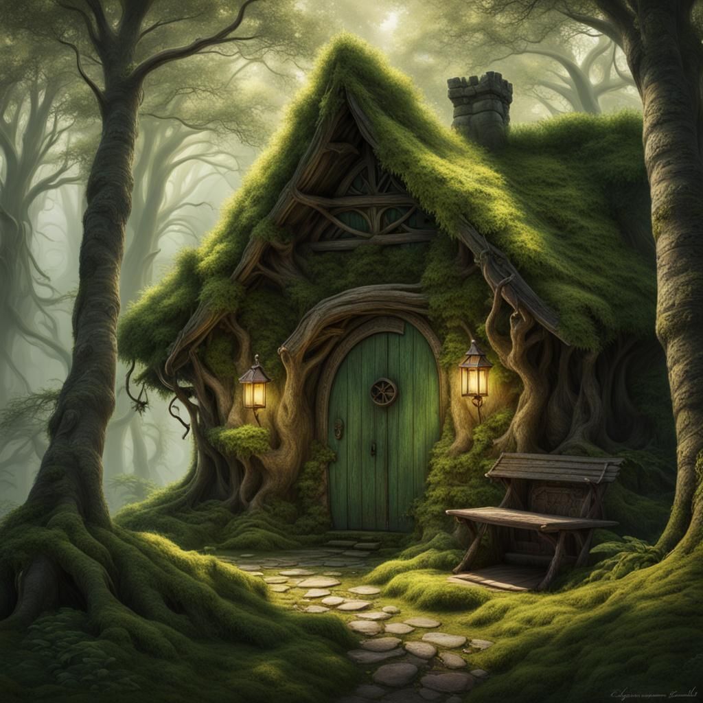 Enchanted Forest Cottage with Druid: Fantasy Concept Art