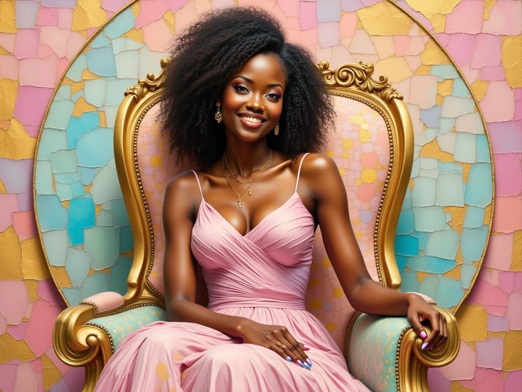 Elegant Black Woman in Pastel Dress with Gold Accents