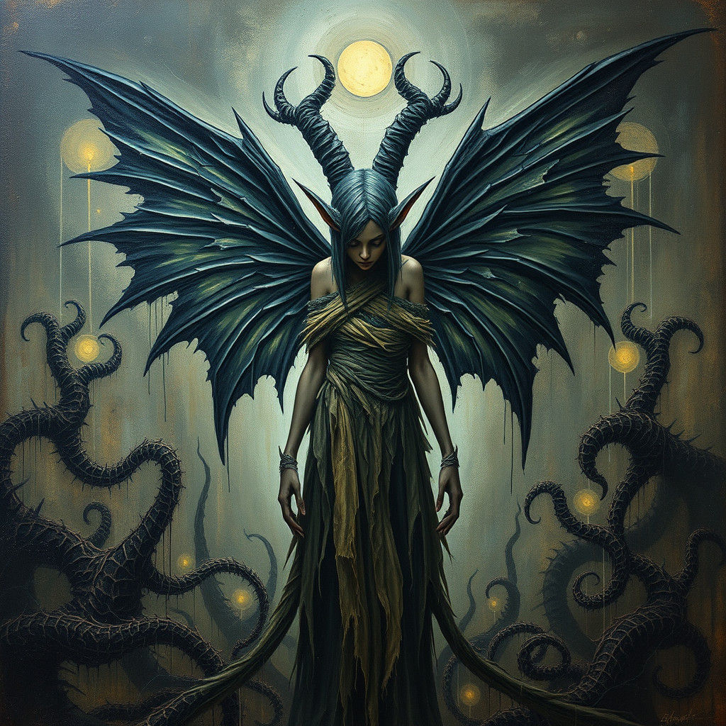 Dark Fairy Elf with Outspread Wings as Impasto Painting