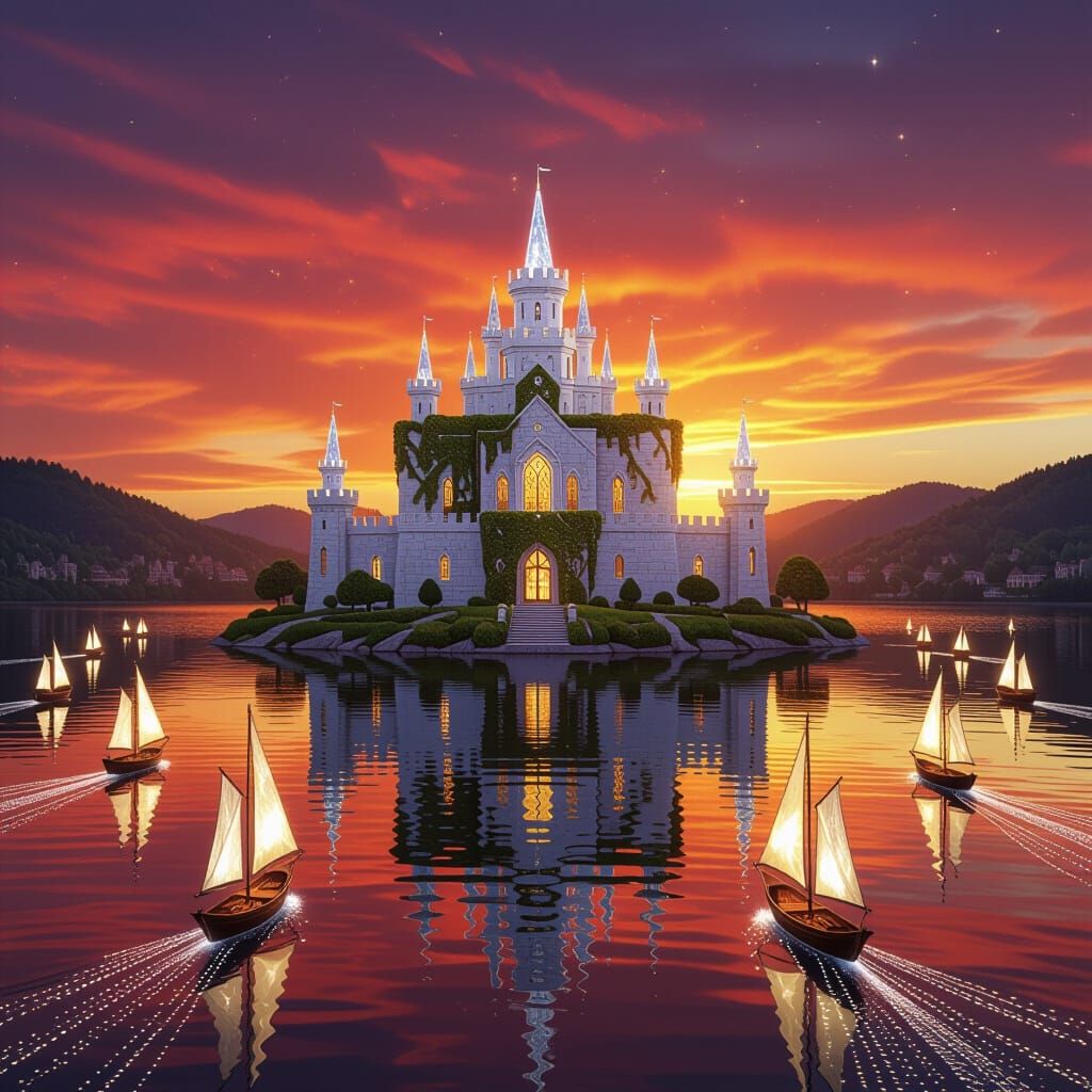 Majestic Island Palace Reflected in Sunset Lake