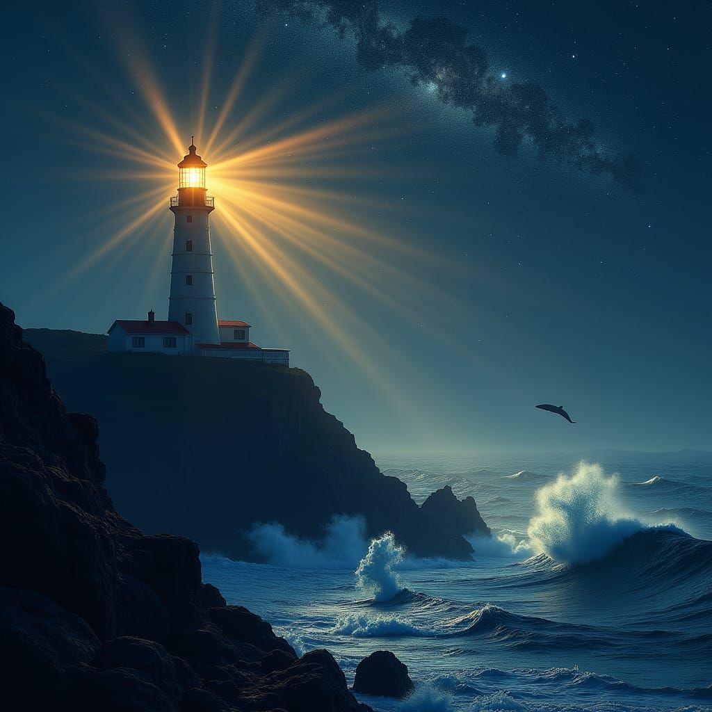 Lighthouse Under Starry Night Sky, Fantasy Art