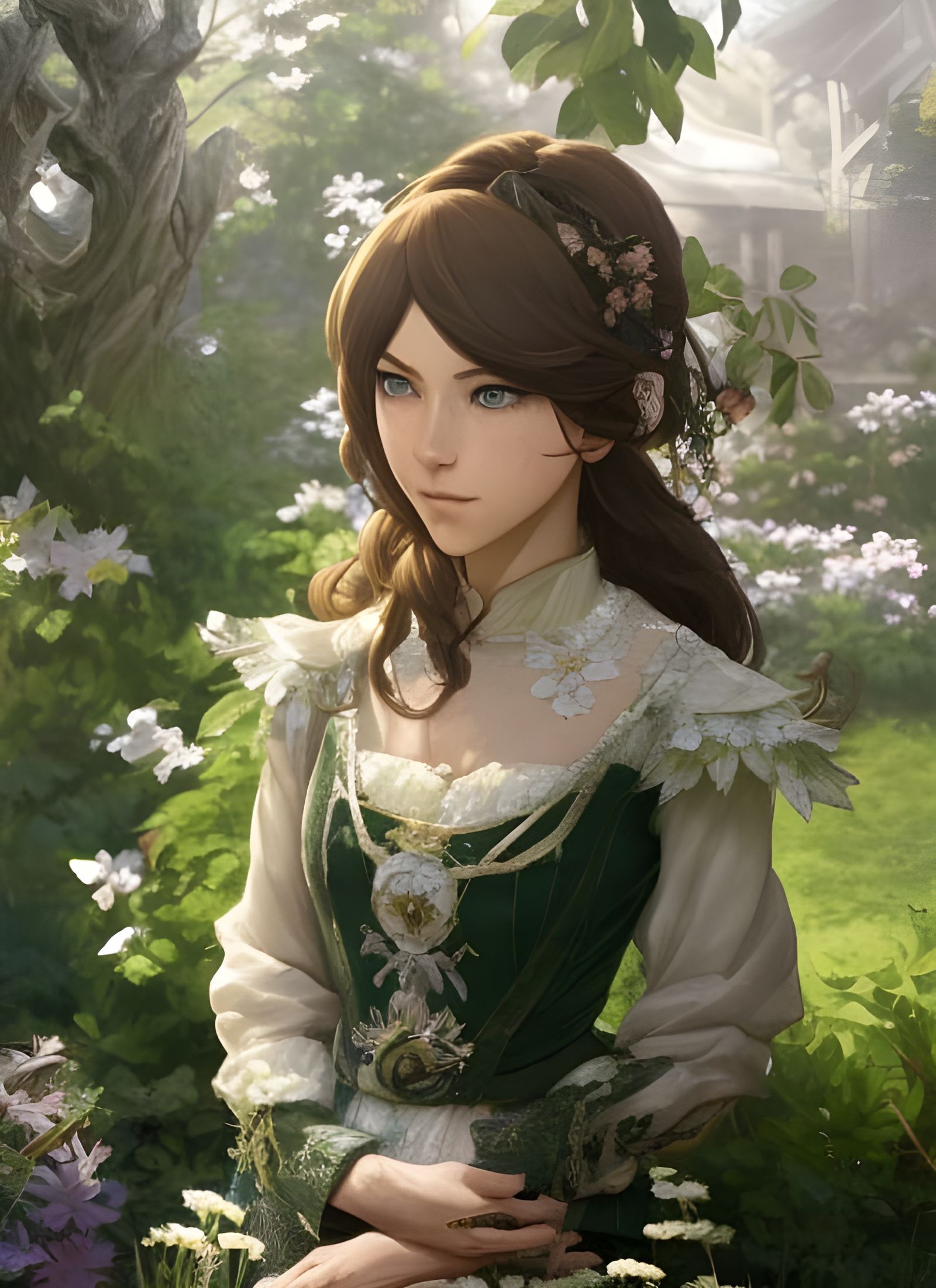 Emerald Herald Portrait in Garden, Digital Art