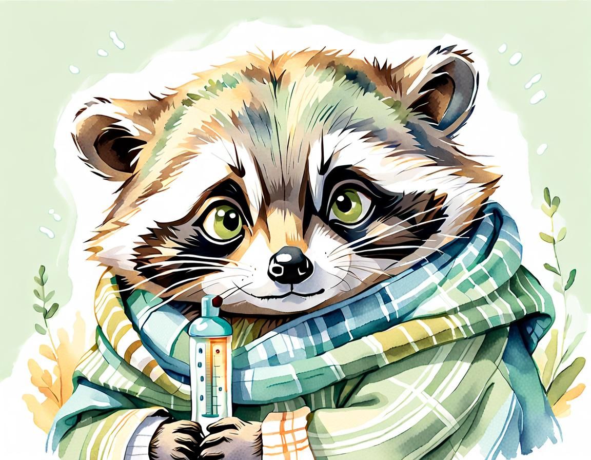 Sick Raccoon Snuggles in Blanket with Thermometer