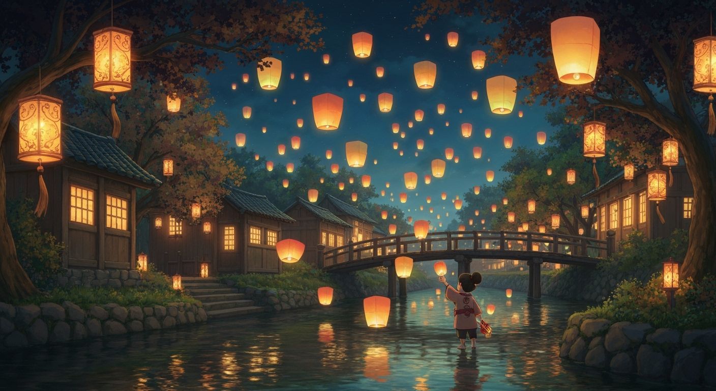 Glowing Lanterns Over Serene Riverside Village at Night