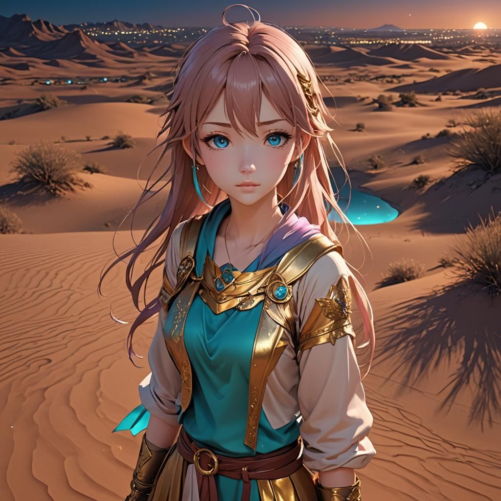 Beautiful Anime Girl at Night in 3D Style