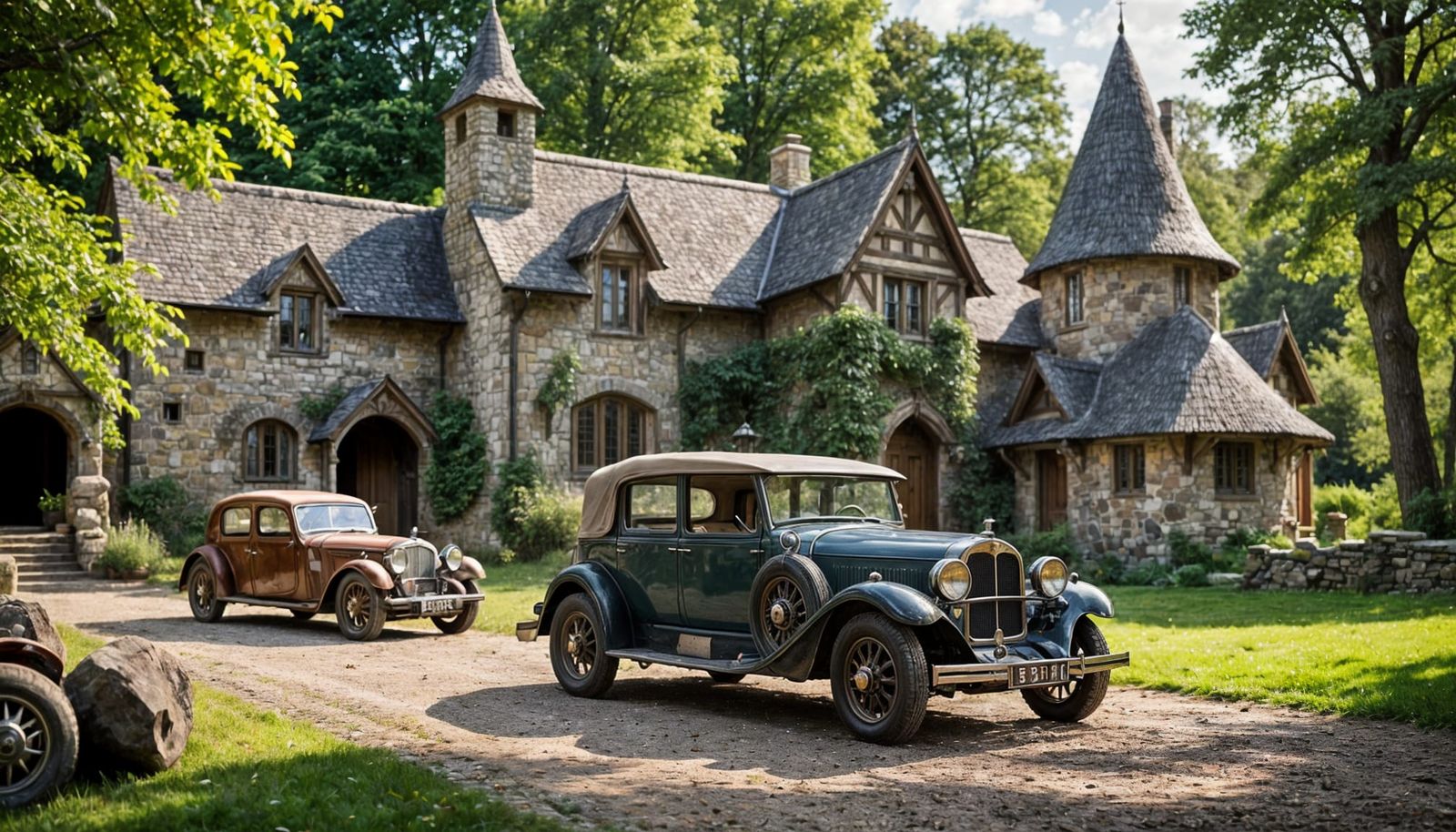 Vintage Cars in Front of Enchanted Elven Cottage