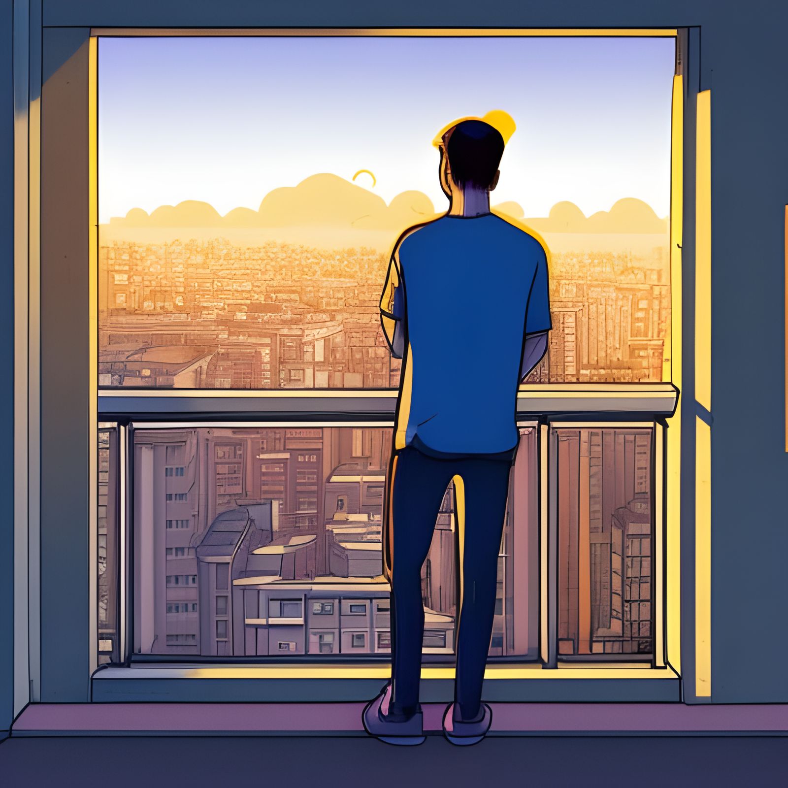 Man on Balcony at Evening, European Comic Style