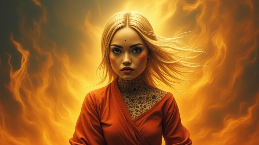 Fiery Ascent: Blonde Woman in Abstract Expressionism