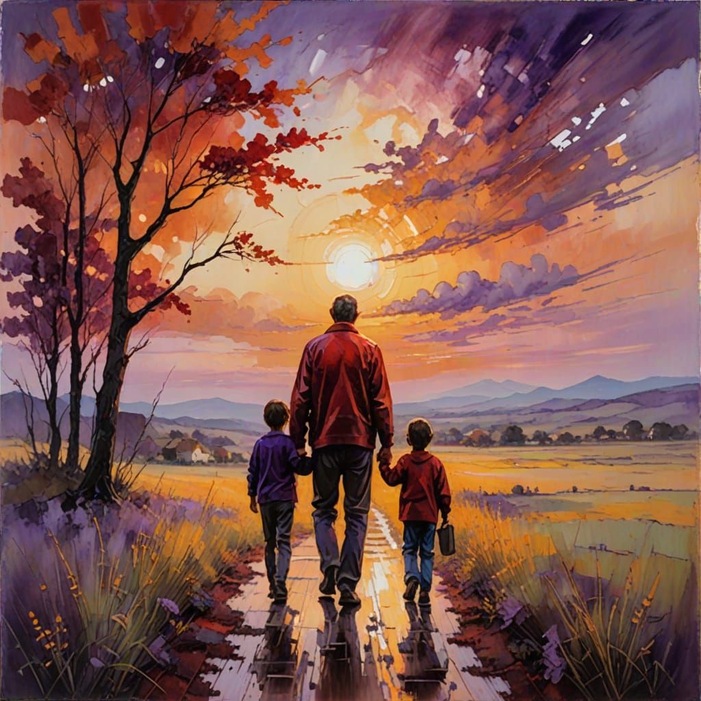 Father and Child in Encaustic Painting Style