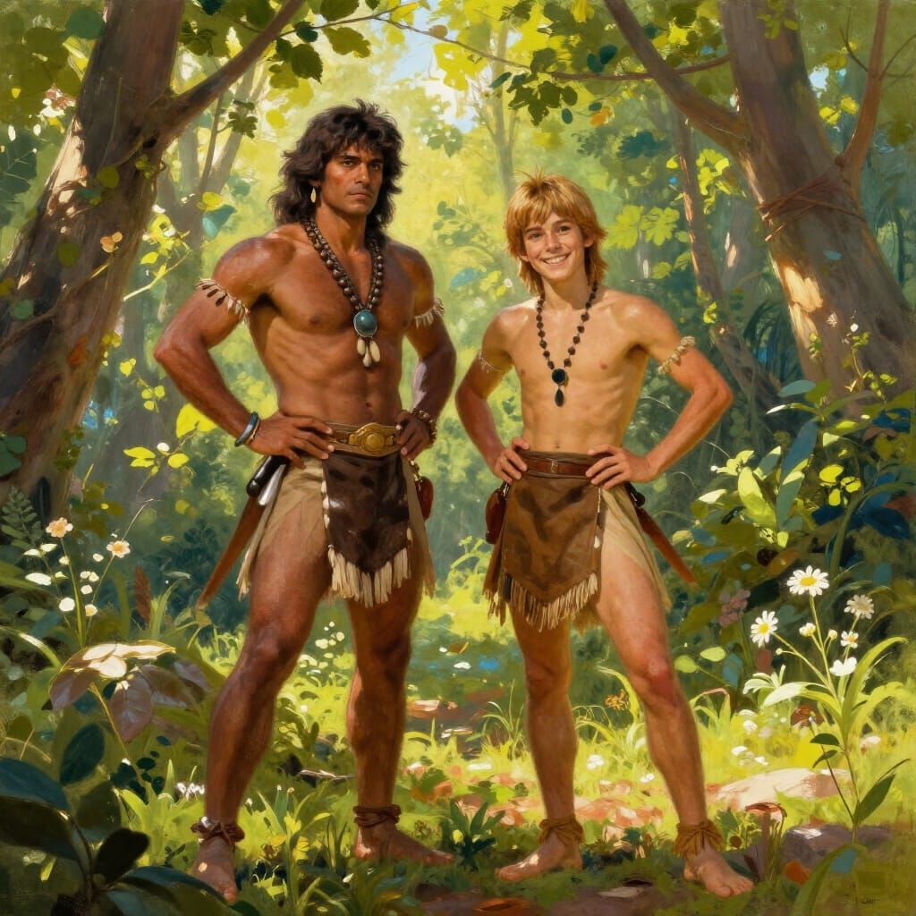 Native American Warriors and Peter Pan in Forest Clearing