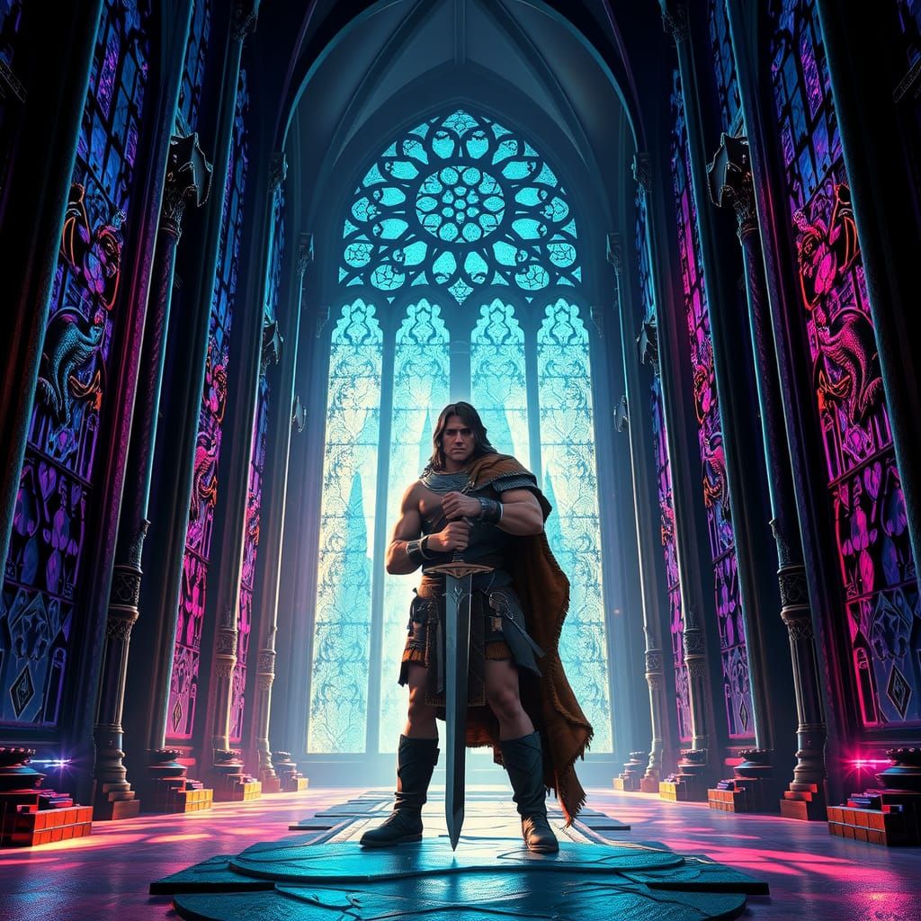 Warrior Amidst Stained Glass Walls