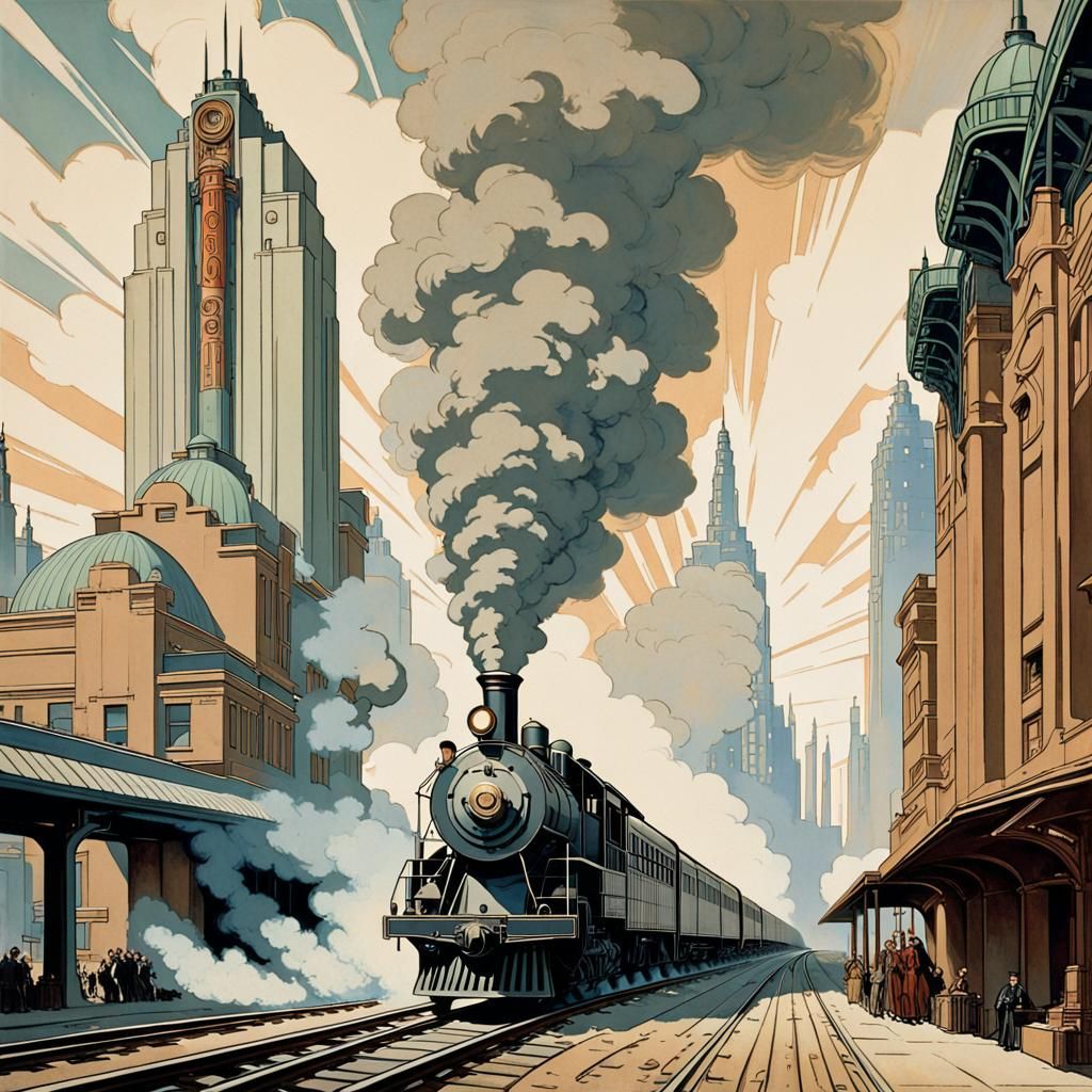 Vintage Railroad Poster in Alphonse Mucha Art Deco Style